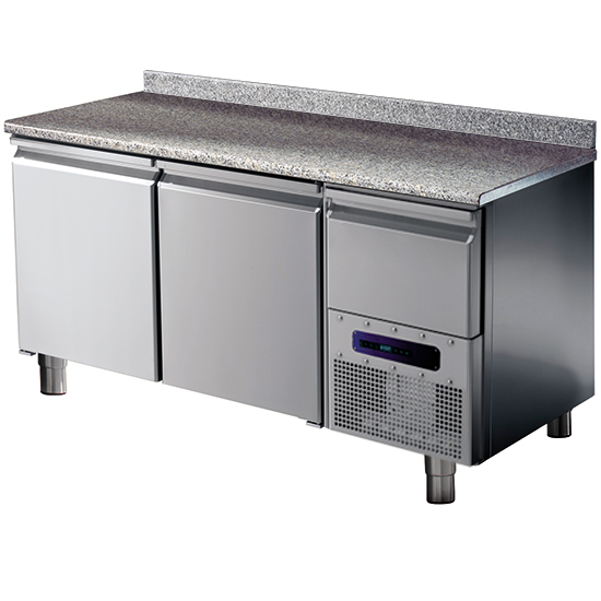 Bäckereikühltisch 2 türig 600x400 mm mit Granitarbeitsplatte und Aufkantung, -2°/+8°C 